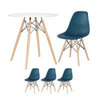 Mesa Redonda Eames 70 Cm Branco + 3 Cadeiras Eiffel Dsw Azul Petróleo