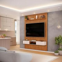 Painel com Bancada para TV até 65 Polegadas Ripado DJ Móveis Trento 183 Freijó Off White