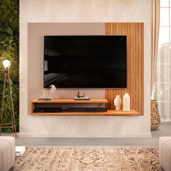 Painel para TV até 50 Polegadas Ripado com Nichos DJ Móveis Nando Carvalho Griz