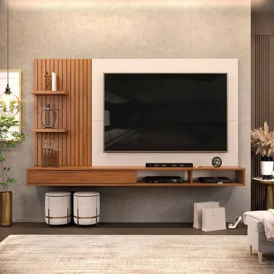 Painel para TV até 60 Polegadas Ripado com Nichos Dj Moveis Bento Freijó Off White