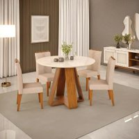 Conjunto de Sala de Jantar 4 Cadeiras Tampo Redondo Curvo DJ Móveis Kiara Cadeira Yasmin Freijo Kraft