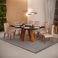 Conjunto de Sala de Jantar 6 Cadeiras Tampo Curvo Dj Moveis Kiara Freijó Preto Yasmin Kraft