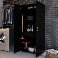Armário Multiuso área de Serviço 2 Portas 1 Gaveta com Suporte para Vassouras Preto - Panorama Móveis