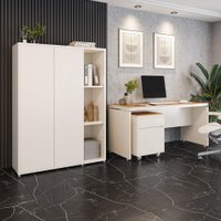 Conjunto de Escritório Office 3 peças Mesa Gaveteiro Armário Oslo Cor:Off white e Cedro