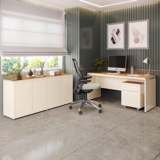 Conjunto de Escritório Office 3 Peças Mesa Gaveteiro Balcão Oslo Cor:Off white e cedro