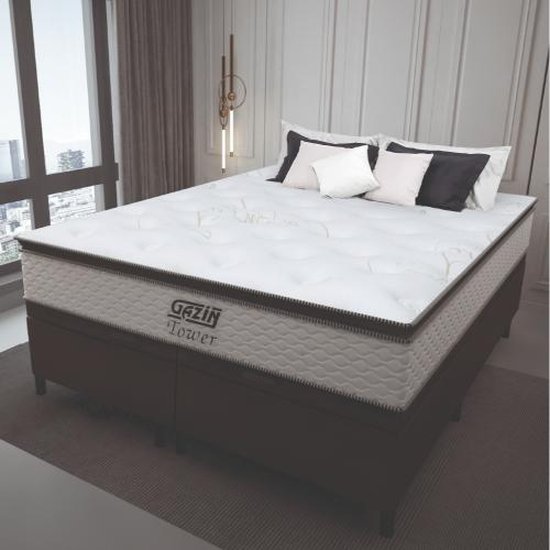 Cama Box Baú Queen Branco / Marrom Gazin Colchão Molas Pocket Ensacadas Tower 158x198x75cm