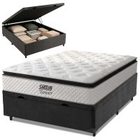 Cama Box Baú Casal Colchão Molas Pocket Ensacadas Tower 138x188x75cm Branco / Preto Gazin