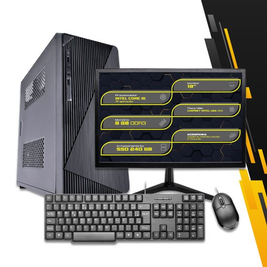 Computador Desktop Completo Intel Core I5 3º Ger, 8GB RAM, SSD 240GB, Monitor 19", Teclado e Mouse
