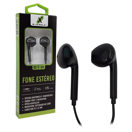 Fone de Ouvido Estéreo X-Cell, Intra Auricular, P2 3.5mm, Preto - XC-F-04-P
