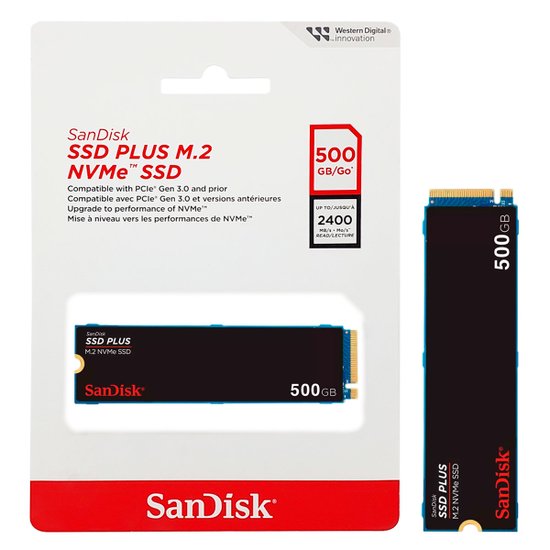 SSD 500GB SanDisk Plus, M.2 2280 PCIe 3.0 NVMe, Leitura 2400MB/s, Grav. 1500MB/s - SDSSDA3N-500G-G26