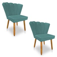 Kit 02 Cadeiras Poltrona Flor Veludo Azul Turuqesa Pés Palito Castanho - Pallazio