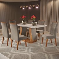 Mesa de Jantar 6 Lugares Taina com Vidro Mel/Pérola/Off White - Viero Móveis