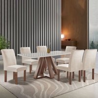 Mesa de Jantar 6 Lugares Montreal com Vidro Chocolate/Off White/Suede Bege - Panorama Móveis