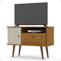 Rack Retrô Yan Tv 32 Polegadas 2 Portas Puxadores Metal Pés Palito Madeira Maciça Decoração Sala Cinamomo/Off White