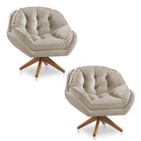 Kit 02 Poltronas Chicago Giratória Veludo Bege Base de Madeira - Pallazio