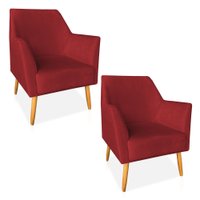 Kit 02 Poltronas Decorativa Julia Veludo Vermelho Pés Palito Castanho - Pallazio