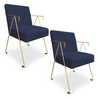 Kit 02 Poltronas Decorativa Taina Suede Azul Marinho Base Metálica Industrial Dourado - Pallazio
