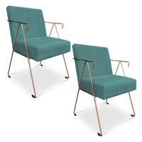 Kit 02 Poltronas Decorativa Taina Suede Azul Turquesa Base Metálica Industrial Cobre - Pallazio