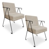 Kit 02 Poltronas Decorativa Taina Suede Bege Base Metálica Industrial Preto - Pallazio