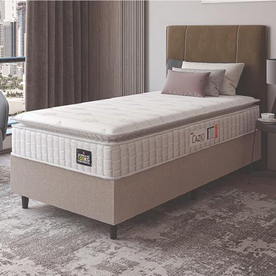 Cama Box Colchão Solteiro Espuma D45 Lazio Pillow Top 88x188x67cm Branco / Bege Hellen - Suporta até 120kg por Pessoa