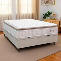 Cama Box Baú Colchão Casal Molas Ensacadas City Pillow Top 138x188x64cm Branco / Bege Hellen