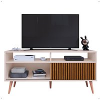 Rack Bancada Home Samba Estante Tv 55 Polegadas Nicho Porta Correr Sala Quarto Pequeno Retrô - Off White/Ripado - RPM
