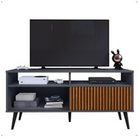 Rack Bancada Home Samba Estante Tv 55 Polegadas Nicho Porta Correr Sala Quarto Pequeno Retrô Cinza/Ripado - RPM