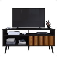 Rack Bancada Home Samba Estante Tv 55 Polegadas Nicho Porta Correr Sala Quarto Pequeno Retrô - Preto/Ripado - RPM
