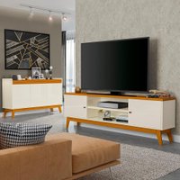 Conjunto Sala de Estar Buffet Ripado Rack 2 Portas 180cm Cor:Off White/Cedro