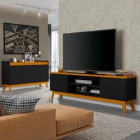 Conjunto Sala de Estar Buffet Ripado Rack 2 Portas 180cm Cor:Preto/Cedro
