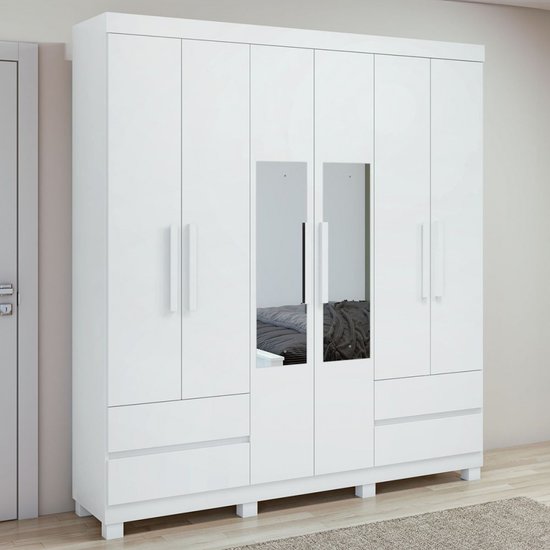 Guarda-Roupa Casal Zeus 6 Portas 4 Gavetas com Espelho Branco - Móveis Lopas