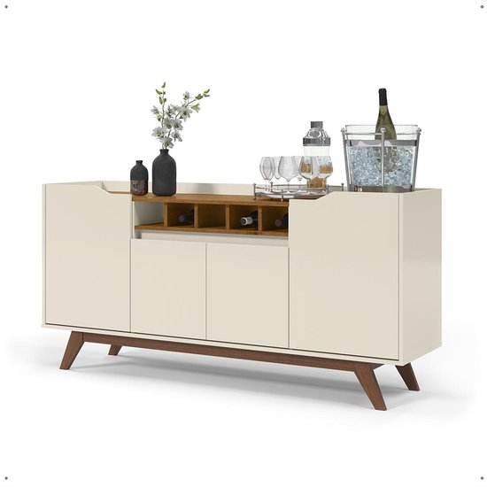 Aparador Buffet  Balcão 4 Portas Prateleira Adega Cantinho Bar Café Pés Retrô Sala Cozinha Luxo - Off White/Freijó - RPM