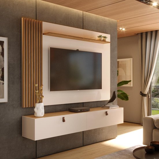 Rack com Painel Ripado Suspenso para TV até 70 Polegadas 2 Portas Grécia 180cm