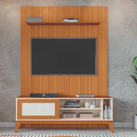 Rack Bancada Caribe Com Painel Para TV Até 55 Polegadas 1,35m Egeo Cedro/Off White Ripado Impressão 3D EDN