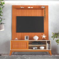 Rack Bancada Aruba Com Painel Para TV Até 55 Polegadas 1,35m Egeo Cedro/Off White Ripado Impressão 3D EDN