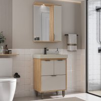 Armário de Banheiro Malibu 60 Cm 3 Portas 1 Gaveta com Espelho Carvalho Nature/Arenas - Ozini Móveis