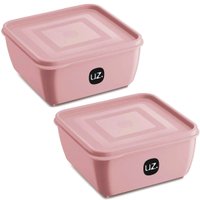 2 Potes Plásticos UZ Rosa Quadrado Multiuso 1,5L com Tampa Premium Alimentos