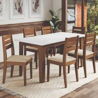 Conjunto Sala de Jantar Mesa Miami 1,60m 6 Cadeiras Dakar Cedro / Off White / Bege Dobuê