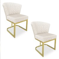 Kit 02 Poltronas Vitória Veludo Bege Matelassê  Base Metálica Industrial Dourado - Pallazio