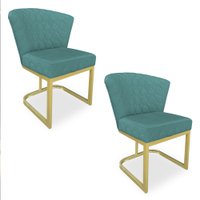 Kit 02 Poltronas Vitória Veludo Azul Turquesa Matelassê Base Metálica Industrial Dourado - Pallazio
