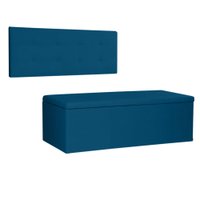 Kit Painel e Calçadeira Baú Casal 1,40m Berlim Suede Azul Marinho - Pallazio