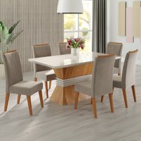 Mesa de Jantar 6 Lugares Jolie com Vidro Mel/Perola/Off White - Viero Móveis