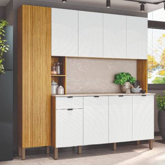 Armário de Cozinha Completa 2m 9 Portas 1 Gaveta Pulse Freijó/Branco Kit's Paraná