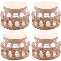 4 Potes Herméticos 350ml Vidro Sisal Tampa Madeira Wolff para Temperos Mantimentos