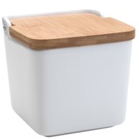 Saleiro de Cerâmica com Tampa de Bambu Lyor Bianco 13cm para Cozinha Branco