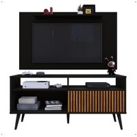 Rack Bancada Estante Painel TV Smart 48 Polegadas Home Pequeno Nicho Porta Correr Pés Palito Sala Quarto Preto/Ripado