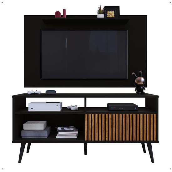 Rack Bancada Estante Painel TV Smart 48 Polegadas Home Pequeno Nicho Porta Correr Pés Palito Sala Quarto Preto/Ripado