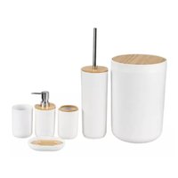 Kits Banheiro Bambu 06 Peças Branco Plasvale Lixeira 6,5l Escova Sanitária Acessórios Lavabo
