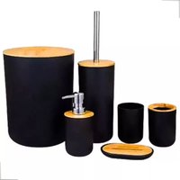 Conjunto Banheiro Bambu 06 Peças Preto Plasvale Lixeira 6,5l Escova Sanitária Acessórios Lavabo Pretos