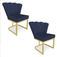 Kit 02 Poltronas Flor Veludo Azul Marinho Base Metálica Industrial Dourado - Pallazio